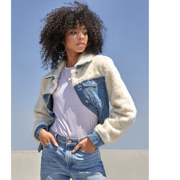 Guess Logo Faux Sherpa Denim Jacket 